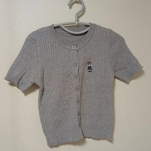 [BUNJANG] Gray Embroidered Short Sleeve Knit Cardigan / 그레이 자수 반팔 니트 가디건