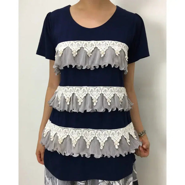 [BUNJANG] Soobinie Navy Frill Lace Short Sleeve T-shirt / 일본빈티지 유니크 로맨틱 네이비 프릴 레이스 반팔 티셔츠
