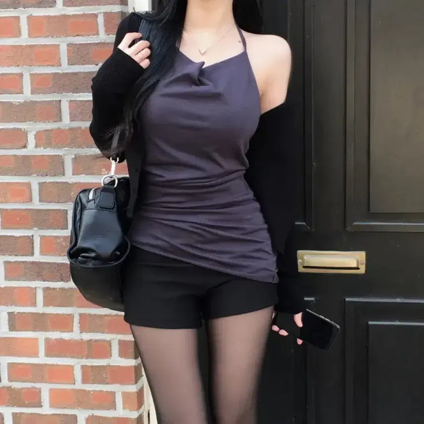 [BUNJANG] LIZLISA Sleeveless Top (Charcoal) & Cardigan (Black) Set / 리즈러버 세트 나시 탑 차콜 +가디건 블랙