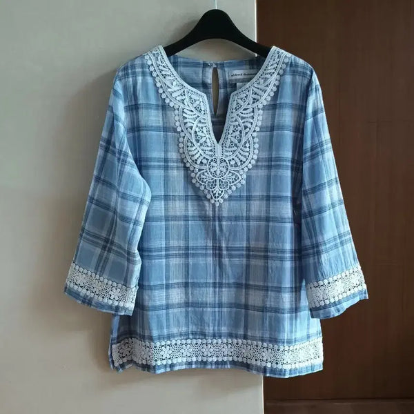 [BUNJANG] Alfred Dunner Check Lace Blouse / 새옷)알프레드 던너 체크 레이스 블라우스 77~88