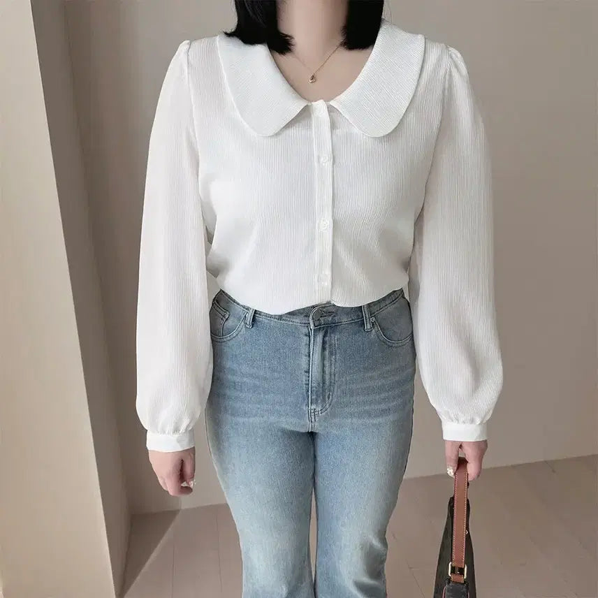 [BUNJANG] White Round Collar Puff Sleeve Blouse (Size 55-77) / 둥근 카라 퍼프소매 블라우스 화이트 55~77