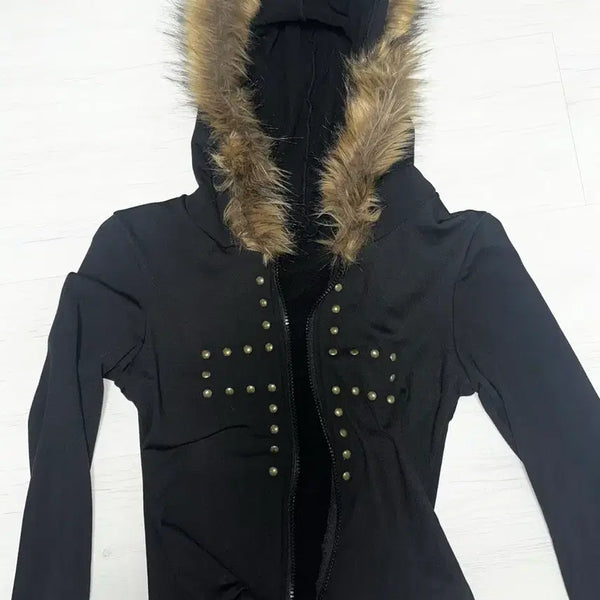 [BUNJANG] Gal Style Faux Fur Hooded Zip-Up Jacket / 갸루 스타일 퍼 후드집업 슬림핏