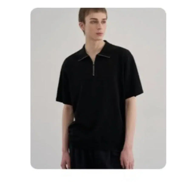 [BUNJANG] Drawfit Airy Zip-Up Collar Short-Sleeve Knit [Black] / 드로우핏 에어리 집업 카라 반팔 니트 [BLACK]