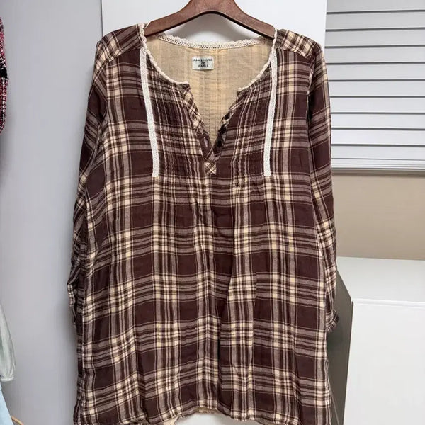 [BUNJANG] Vintage Brown Check Long Shirt / 일본빈티지 브라운체크 롱 셔츠