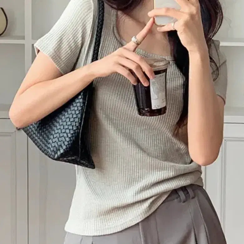 [BUNJANG] Ribbed Square Neck Top - Oat Beige / 골지 스퀘어넥 오트 베이지