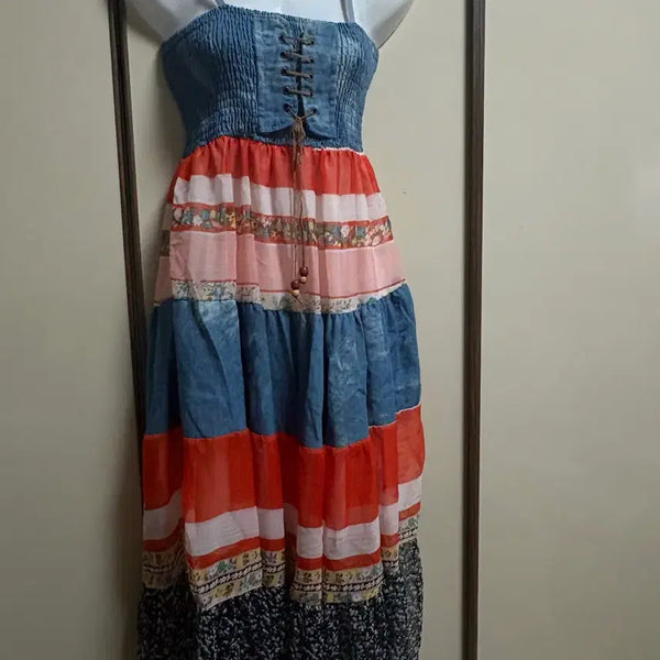 [BUNJANG] Cute Corset Mori Bohemian Patchwork Long Dress / 큐트코르셋 모리 보헤미안 패치원피스