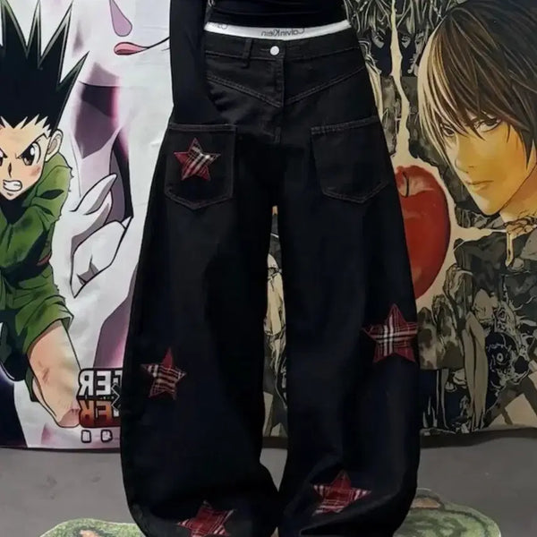 [BUNJANG] Unique Red Star Embroidered Patch & Red Stitching Hip Wide Denim Pants / 에이블리 여성 데님 팬츠