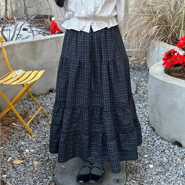 [BUNJANG] Pintermood Vintage Pleated Shirring Mori Girl Check Pattern Banding Long Skirt / [핀터무드 / 안감 있음] 빈티지 주름 셔링 캉캉 모리걸 체크 패턴 밴딩 롱스커트