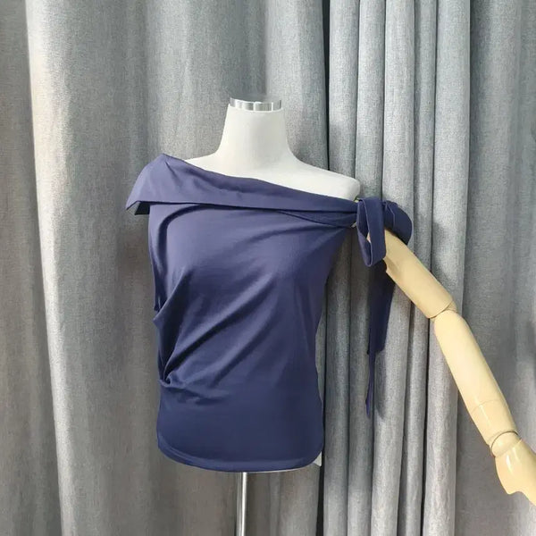 [BUNJANG] Navy Linen One-Shoulder T-Shirt / 네이비 린넨 원숄더 티셔츠