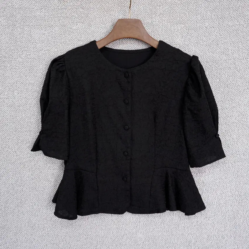 [BUNJANG] Women's Casual Pleated Puff Sleeve Peplum Blouse / 여성 캐주얼 주름 퍼프소매 페플럼 블라우스 55-66size