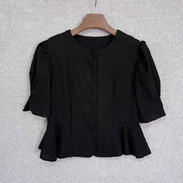 [BUNJANG] Women's Casual Pleated Puff Sleeve Peplum Blouse / 여성 캐주얼 주름 퍼프소매 페플럼 블라우스 55-66size