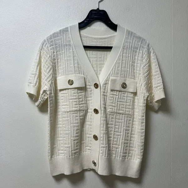 [BUNJANG] B Logo Short-Sleeve Knit Cardigan White (Size 55-66) / B로고 화이트 반팔 니트 가디건 55-66