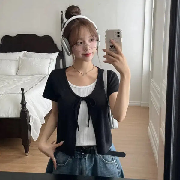 [BUNJANG] Women's Short Sleeve Cardigan with Ribbon Detail / 여성 반팔 가디건