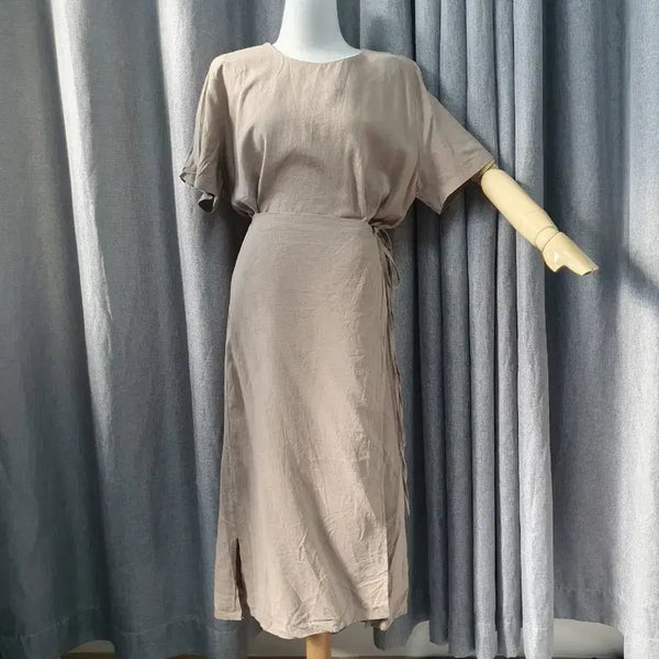[BUNJANG] Linen Beige Wrap Maxi Dress / 린넨 베이지 랩 맥시 원피스
