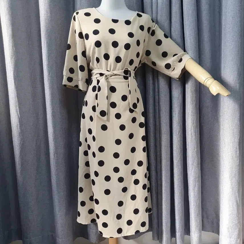 [BUNJANG] Polka Dot Beige Waist Tie Dress / 폴카도트 베이지 허리끈 원피스