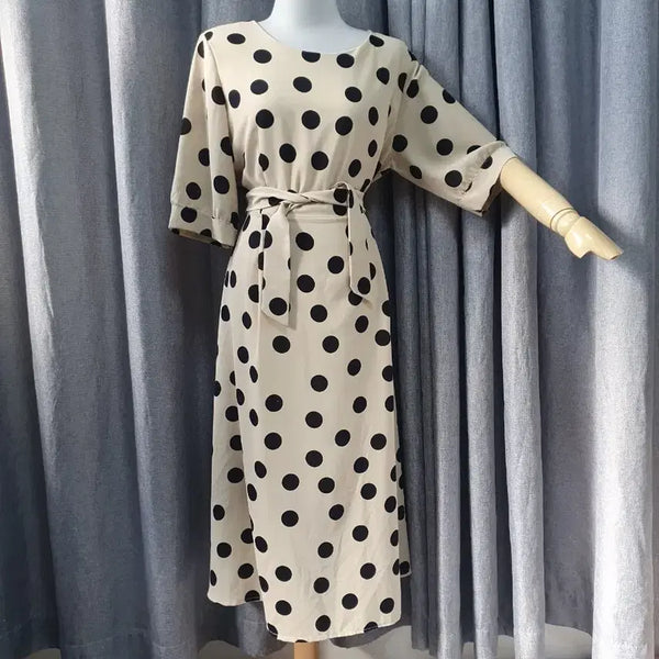 [BUNJANG] Polka Dot Beige Waist Tie Dress / 폴카도트 베이지 허리끈 원피스