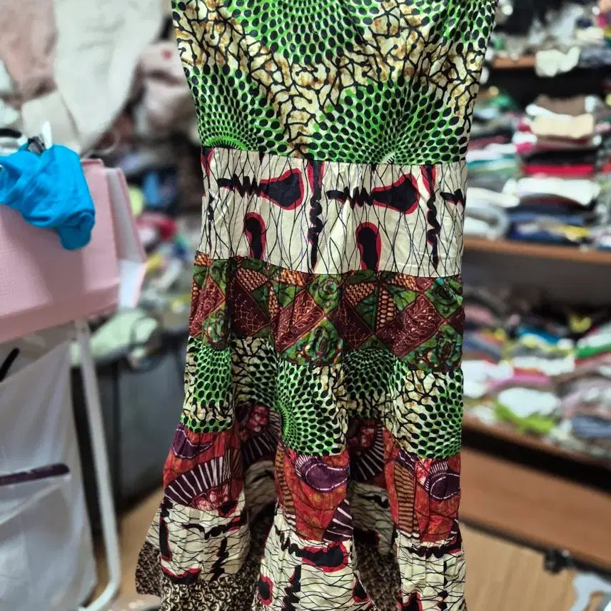 [BUNJANG] Patchwork Tube Top Midi Dress - Imported from USA / 패치워크 튜브탑 원피스 미국수입