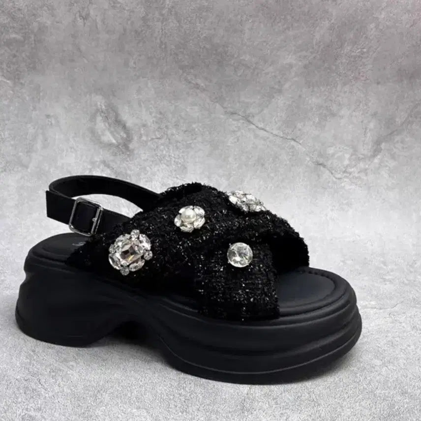 [BUNJANG] Black Crystal Embellished Platform Sandals / 블랙 큐빅 샌들