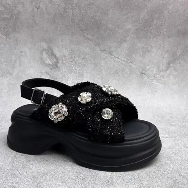 [BUNJANG] Black Crystal Embellished Platform Sandals / 블랙 큐빅 샌들