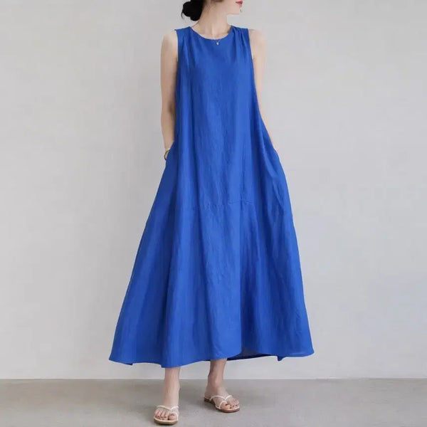 [BUNJANG] Blue Linen Blend Sleeveless Long Dress (Free Size) / 블루 린넨 혼방 민소매 롱 원피스 F