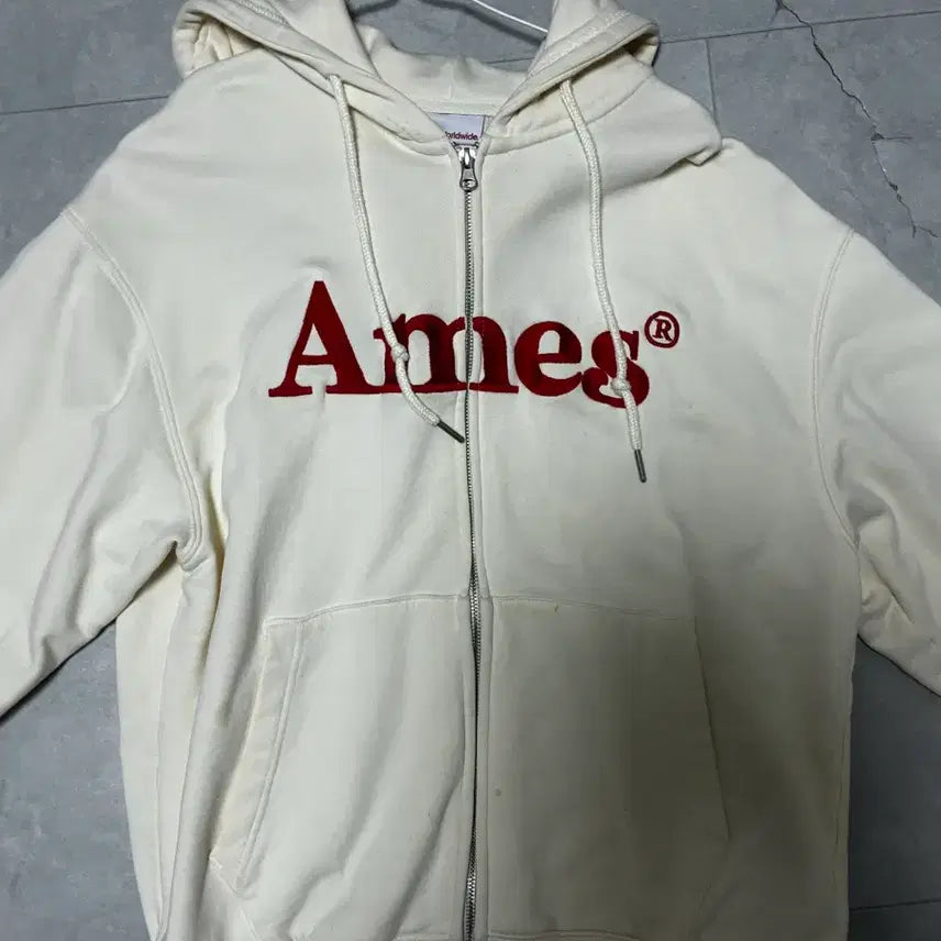 [BUNJANG] Ames Worldwide Basic Logo Hoodie Zip Up Cream M / Ames 아메스 월드와이드 후드집업 크림M BASIC LOGO HOODIE ZIP UP CREAM