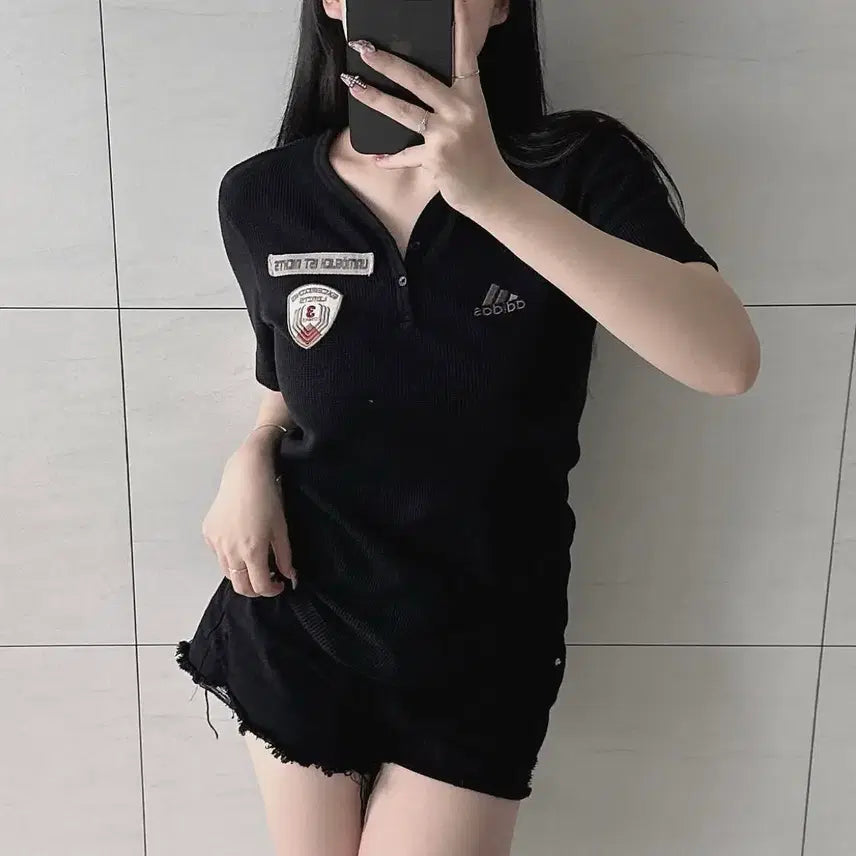 [BUNJANG] Adidas Black Ribbed Slim Fit Short Sleeve T-Shirt / 아디다스 딱붙반팔