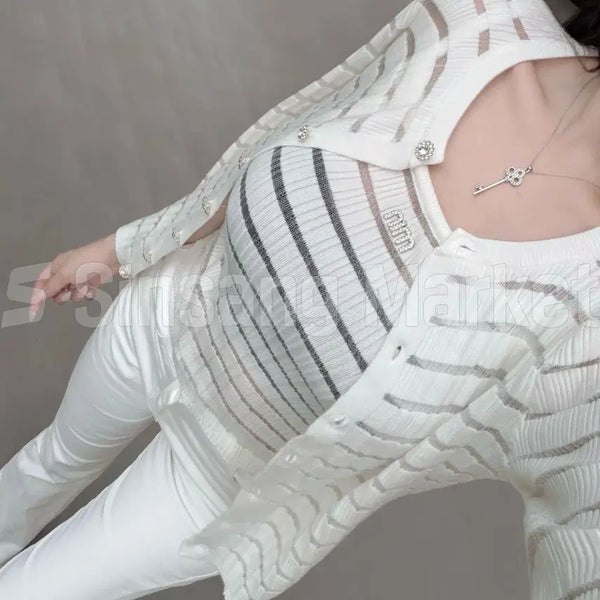 [BUNJANG] Sheer Cubic Ribbed Tank Cardigan Set / [빠른발송] 뮤 시스루 큐빅 나시 가디건 set