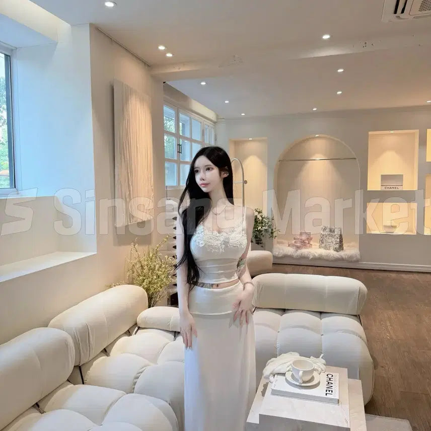 [BUNJANG] Lace Folding Long Three-Piece Set / [빠른발송] 레이스 폴딩 롱 쓰리피스 set 나시가디건 롱스커트 쓰리피스