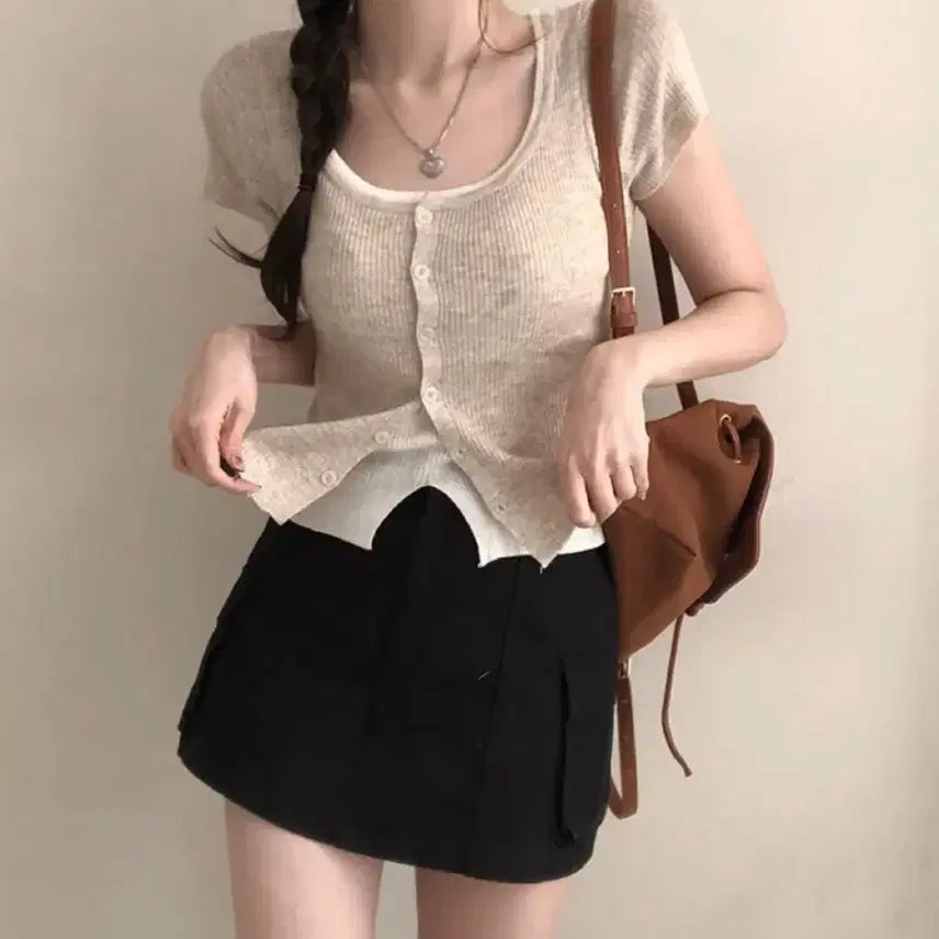 [BUNJANG] Beige Short-Sleeved Cardigan / 베이지 반팔 가디건