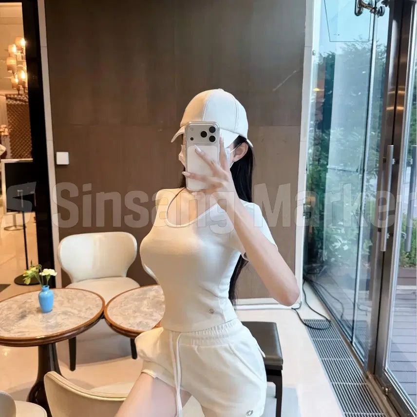 [BUNJANG] Roro Creamy Set U-neck Shorts Set / [빠른발송] 내수 로로 크리미 set 유넥반바지 세트 비침없음톡톡원단