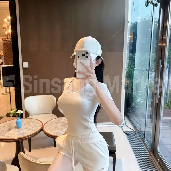 [BUNJANG] Roro Creamy Set U-neck Shorts Set / [빠른발송] 내수 로로 크리미 set 유넥반바지 세트 비침없음톡톡원단