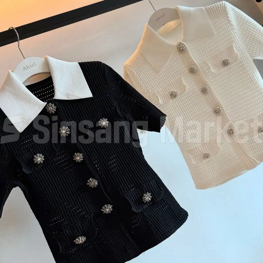 [BUNJANG] Embellished Tweed Cardigan with Cubic Details / [빠른발송] 셀 펀칭 카라 트위드 가디건 큐빅 가디건 반팔 가디건 수입의