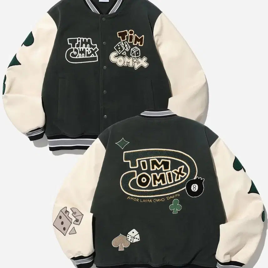 [BUNJANG] TeamComix 23FW Trump & Dice Wool Varsity Jacket Khaki (Size L) / 실측 L) 팀코믹스 신형 23FW 트럼프 앤 다이스 울 바시티 자켓 카키