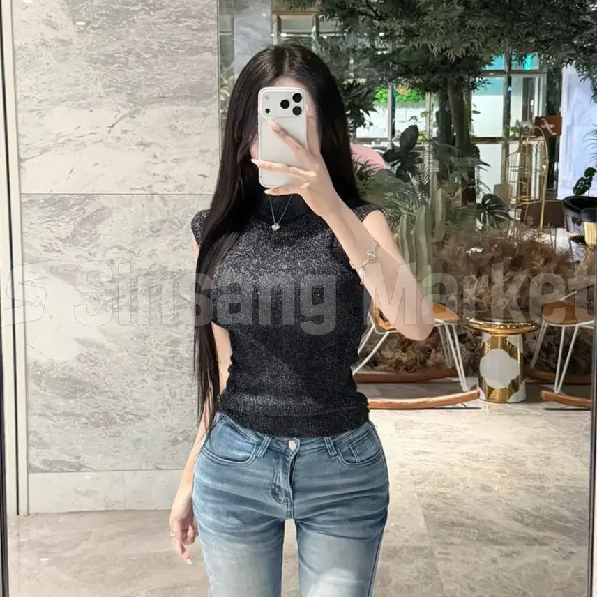 [BUNJANG] Sleeveless Turtleneck Top with Spandex / [빠른발송] 펄 반목 캡소매 나시 스판 좋음
