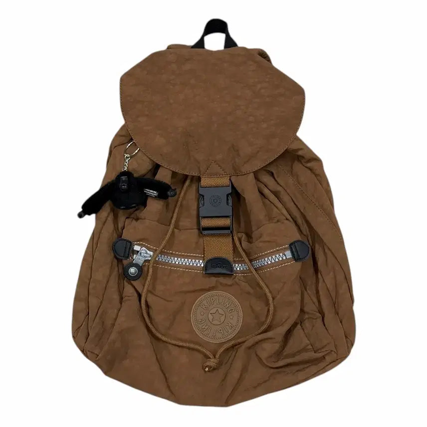 [BUNJANG] Kipling Vintage Big Logo Drawstring Backpack Bag / 키플링 빈티지 빅로고 드로우 복조리 포켓 백팩 가방 된장 브라운