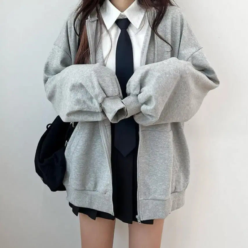 [BUNJANG] Balloon Sleeve Hooded Zip-Up Gray / 간절기 아방 여리핏 벌룬소매 그레이 후드집업