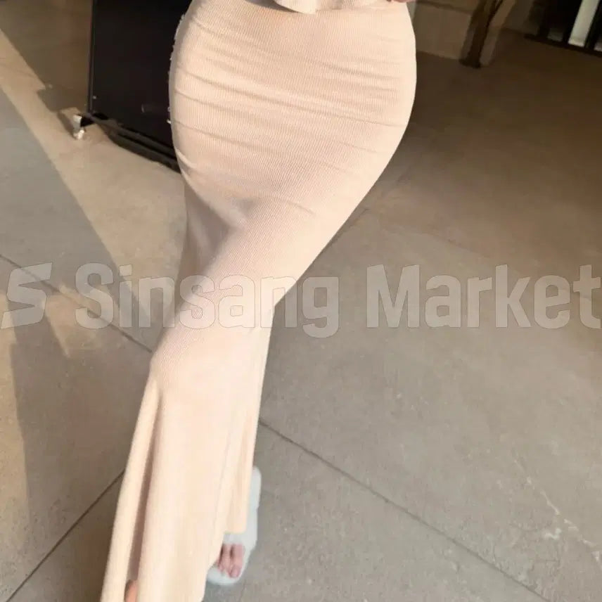 [BUNJANG] Pearl Ribbed Mermaid Long Skirt / [빠른발송] 내수 펄 골지 머메이드 롱스커트 거래처실사 은은펄 핏 타업체