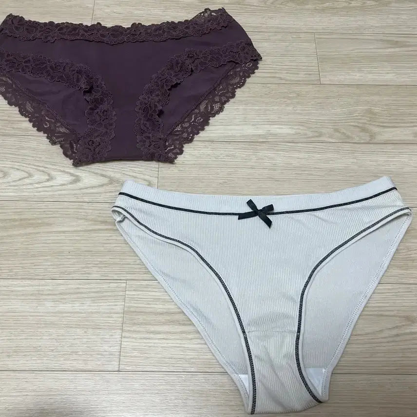 [BUNJANG] Lace & Ribbon Panty Set (Purple / Light Gray) / 속옷 세트 팬티 2장 (보라색 레이스 / 연회색 리본)