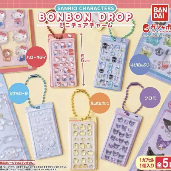 [BUNJANG] Sanrio Bonbon Drop Miniature Charm Gacha Sticker Keychain Full Set (5 types) / 5종 풀셋)산리오 봉봉 드롭 미니어처 참 가챠 스티커 키링 키티 시나모롤 폼폼푸린 쿠로미 한교동 페클 턱시도샘