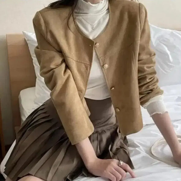 [BUNJANG] Ablley Classic Blanc Suede Crop Short Jacket Beige / 에이블리 클래식 블랑 스웨이드 크롭 숏 자켓 베이지 노카라 블루종
