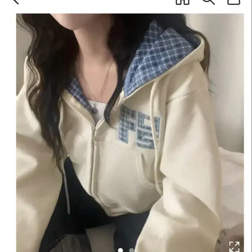 [BUNJANG] Sugar Powder Check Colorblock Hooded Zip-Up Cropped Top / 에이블리 슈가파우더 체크 배색 후드집업 크롭 하이틴