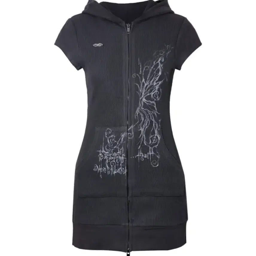 [BUNJANG] Hug Your Skin Charcoal Long Hooded Zip-Up Dress / 허그유어스킨 롱후드집업 챠콜