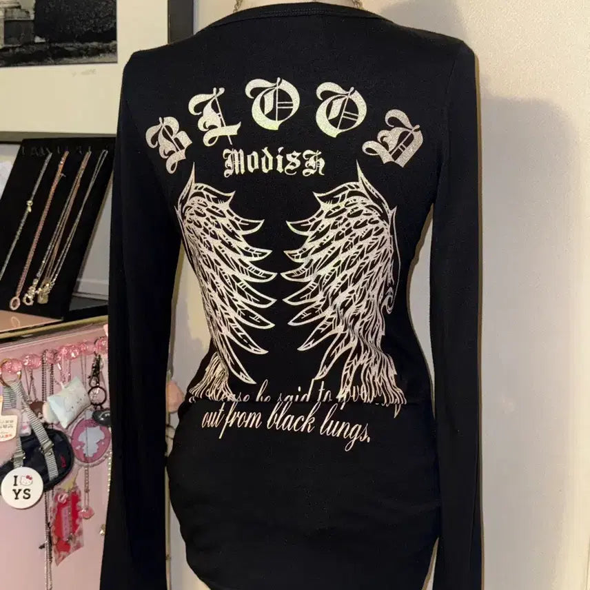 [BUNJANG] Vintage Punk Wing Print Long Sleeve T-Shirt / 빈티지 펑크 날개 프린팅 롱슬리브 y2k 핀터레스트 핀터깔 매드펑크