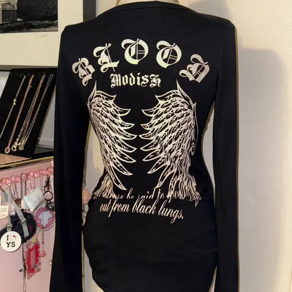 [BUNJANG] Vintage Punk Wing Print Long Sleeve T-Shirt / 빈티지 펑크 날개 프린팅 롱슬리브 y2k 핀터레스트 핀터깔 매드펑크
