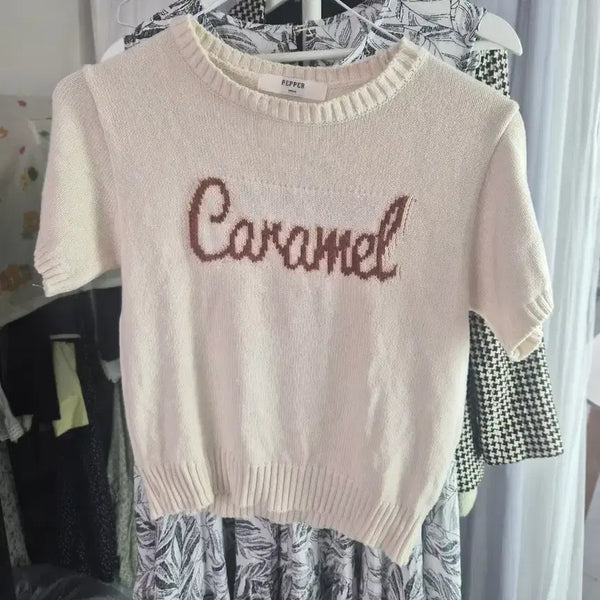 [BUNJANG] Cropped Knit Lettering Short Sleeve T-Shirt / 크롭 니트 레터링 반팔티