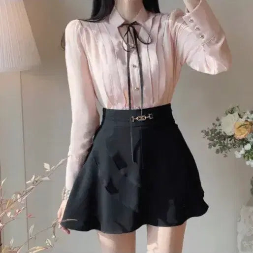 [BUNJANG] Chiffon Blouse with Ribbon Tie, Pintuck, and Shirring / 쉬폰 블라우스 리본타이 핀턱 셔링