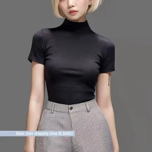 [BUNJANG] Black Ribbed Half-Neck Short-Sleeve T-Shirt / 블랙 반목 골지 반팔 티셔츠 터틀넥