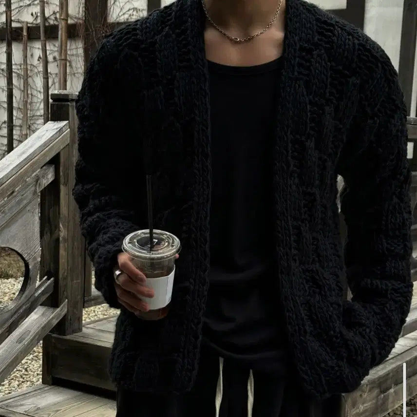 [BUNJANG] Black Oversized Heavy Cardigan / L / 블랙 ) 논카라 오버핏 헤비 가디건