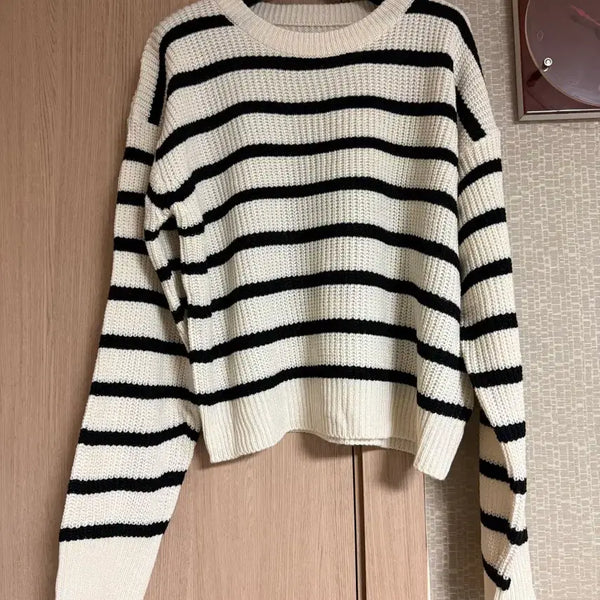 [BUNJANG] Striped Knit Sweater / 새상품 단가라 니트 아이보리 블랙 프리사이즈