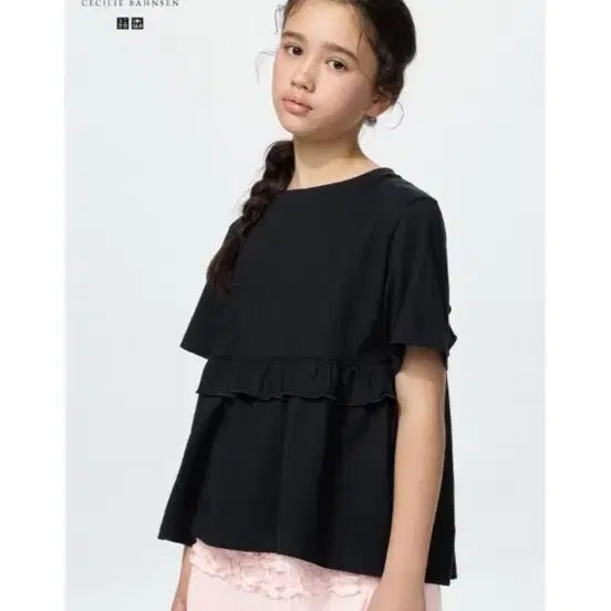 [BUNJANG] CECILIE BAHNSEN x Uniqlo Frill Short Sleeve T-Shirt Black Kids 160 / 무배)CECILIE BAHNSEN x 유니클로 프릴 반팔 티셔츠 블랙 키즈 160